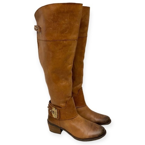 Vince Camuto 6.5 Leather Knee Boots Brown Harness Women’s Zippers Logo - Picture 1 of 14